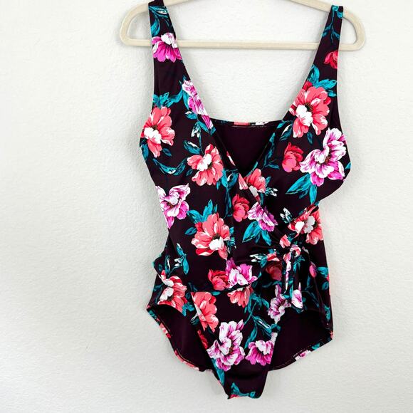 Embrace Your Curves Women Floral One Piece Bathing Swimsuit Burgundy XL 16/18 - Picture 1 of 9